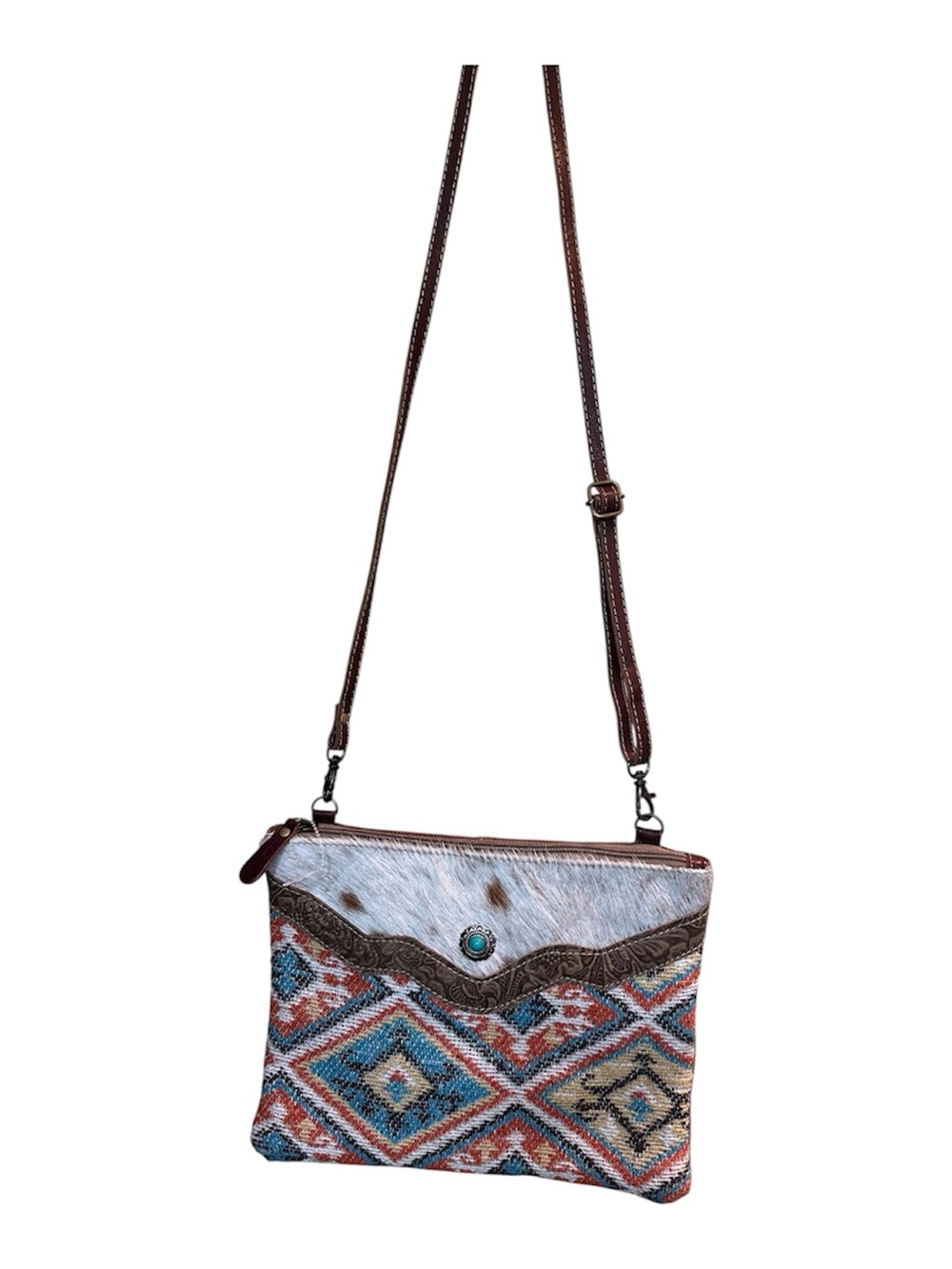 Myra Crossbody Purse Cow Hide Woven Southwest Print Canvas W Leather & Turquoise